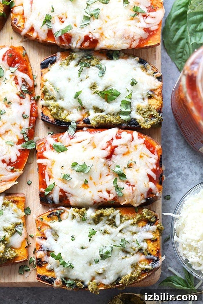 Grilled Sweet Potato Pizza Recipe 2 Wow the fam with these amazing grilled sweet potato pizzas! All you need is sweet potatoes, your favorite marinara sauce or pesto, mozzarella, and your favorite pizza toppings for this healthy 30 minute meal.
