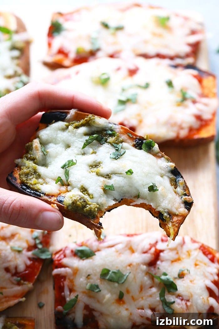 Grilled Sweet Potato Pizza Recipe 4 Wow the fam with these amazing grilled sweet potato pizzas! All you need is sweet potatoes, your favorite marinara sauce or pesto, mozzarella, and your favorite pizza toppings for this healthy 30 minute meal.