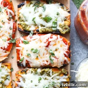 Grilled Sweet Potato Pizza Recipe 5 Roasted sweet potato skewers with pesto and basil arranged on a cutting board.