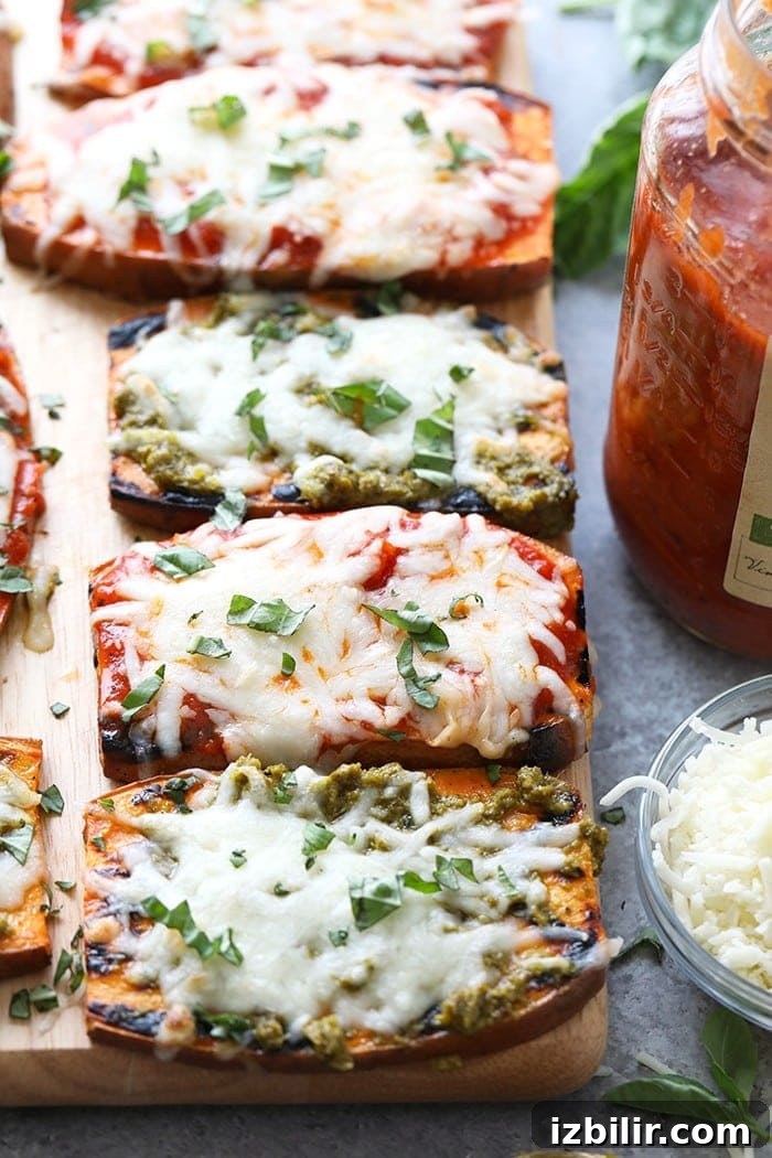 Grilled Sweet Potato Pizza Recipe 6 Wow the fam with these amazing grilled sweet potato pizzas! All you need is sweet potatoes, your favorite marinara sauce or pesto, mozzarella, and your favorite pizza toppings for this healthy 30 minute meal.