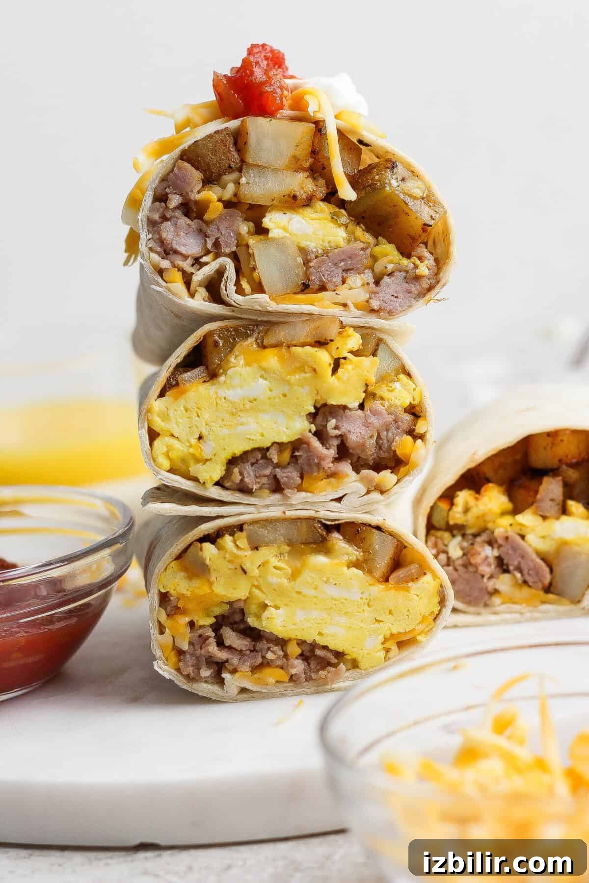 Three breakfast burritos cut in half and stacked, showing scrambled eggs, sausage, potatoes, and cheese inside; surrounded by bowls of ketchup, shredded cheese, and orange juice.
