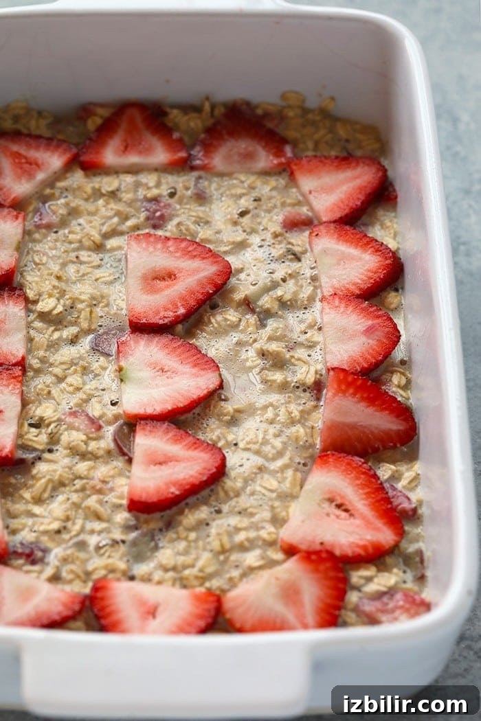 Strawberry Rhubarb Baked Oatmeal Recipe 4 Strawberry rhubarb oatmeal bake ready to be placed in the oven.