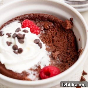 A chocolate mug cake topped with whipped cream, chocolate chips, and raspberries, with a portion eaten, in a white ramekin.