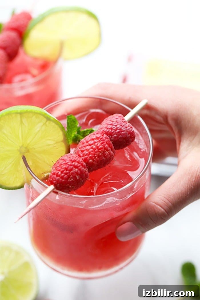 A hand holding a raspberry ginger mojito