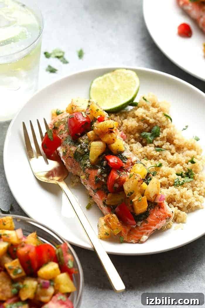 salmon with pineapple salsa on top.