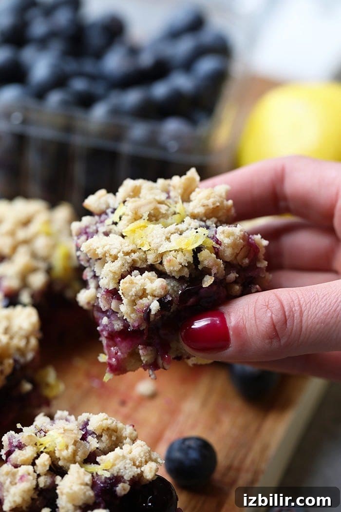Zesty Lemon Blueberry Crumble Bars with Buttery Oat Crust 4 Holding crumble bar in a hand.