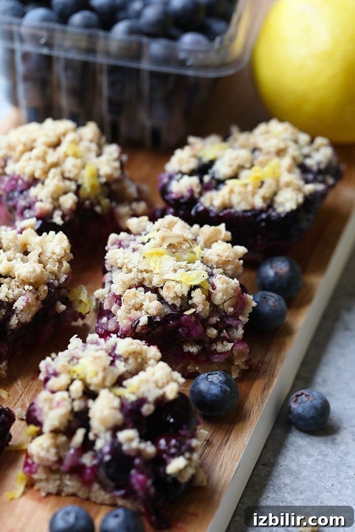 Zesty Lemon Blueberry Crumble Bars with Buttery Oat Crust 5 Dessert bars on a plate.