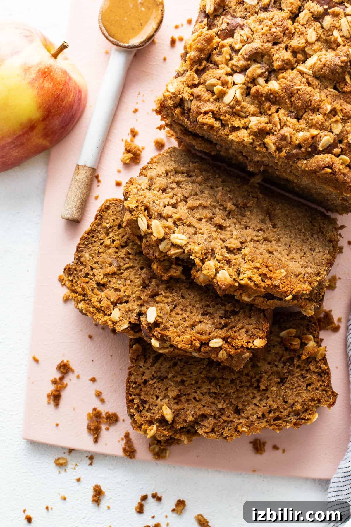 Loaf of peanut butter apple streusel bread