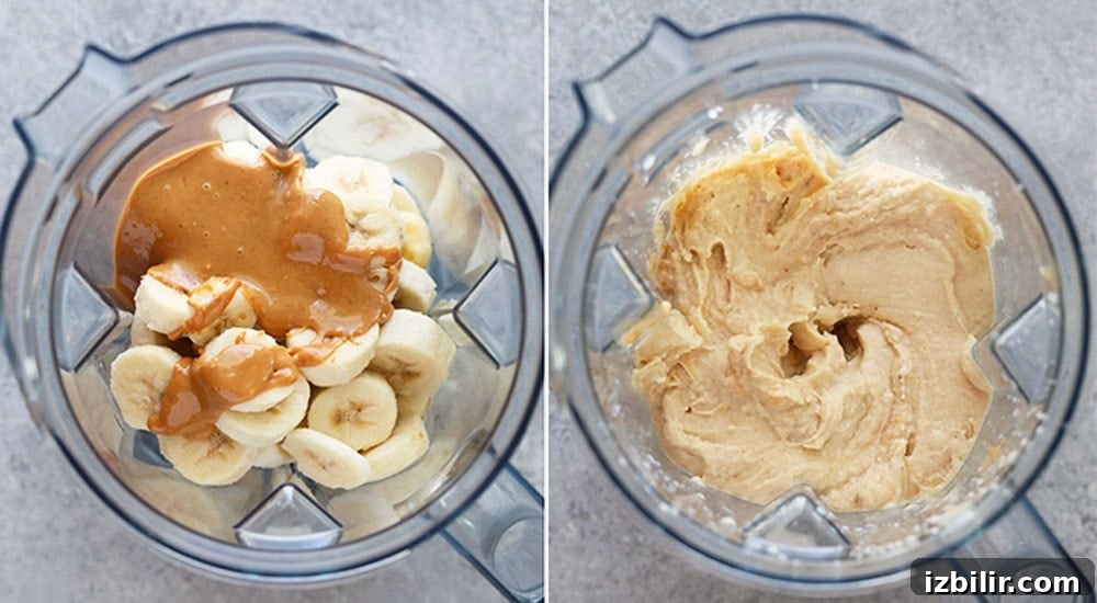 peanut butter banana nice cream ingredients in a blender