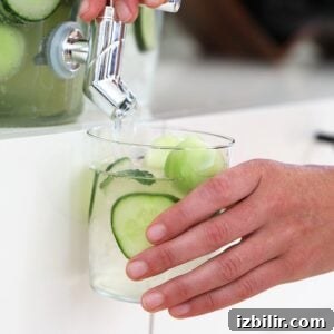 Large-Batch Cucumber Vodka Cocktail for Parties 3 A person pouring cucumber-infused water into a glass.