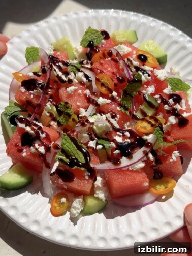 Spicy Watermelon, Mint & Feta Salad on a serving platter