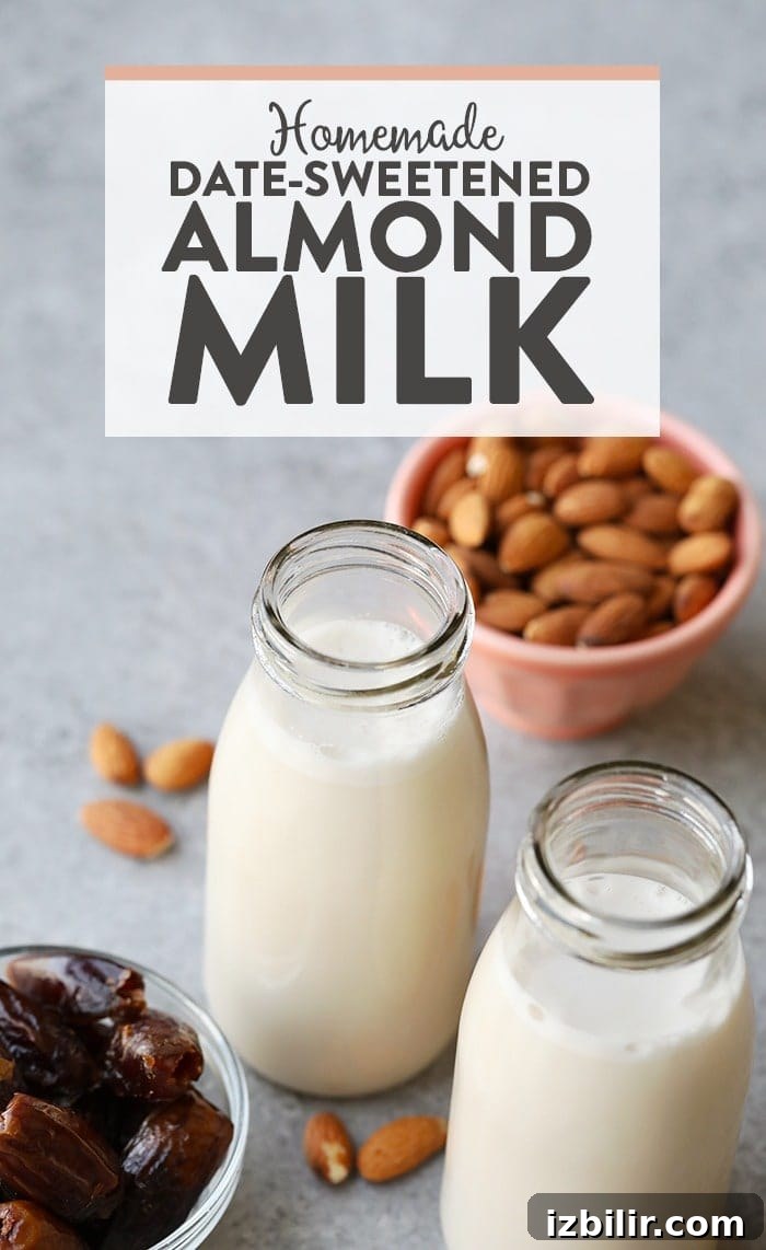 Making the best homemade almond milk is easier than you think! All you need is raw almonds, vanilla bean, dates, and a nut milk bag to make this vegan, gluten-free, and paleo-friendly date sweetened almond milk. homemade almond milk in a jug