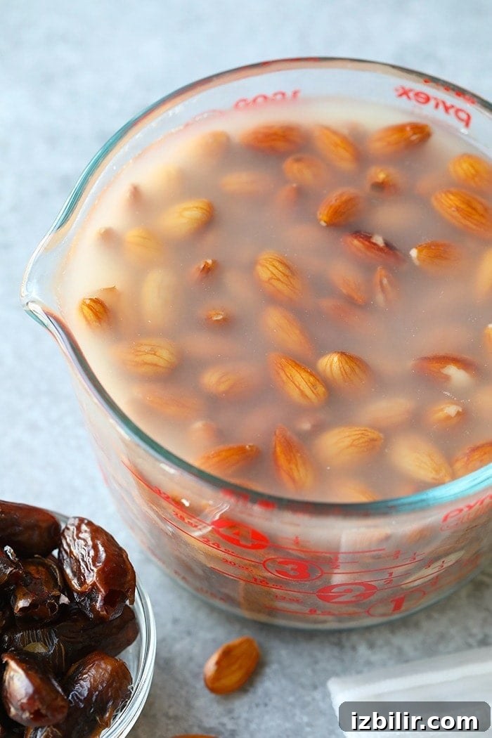 Raw almonds soaking before blending. raw almonds being soaked in water to soften before making almond milk