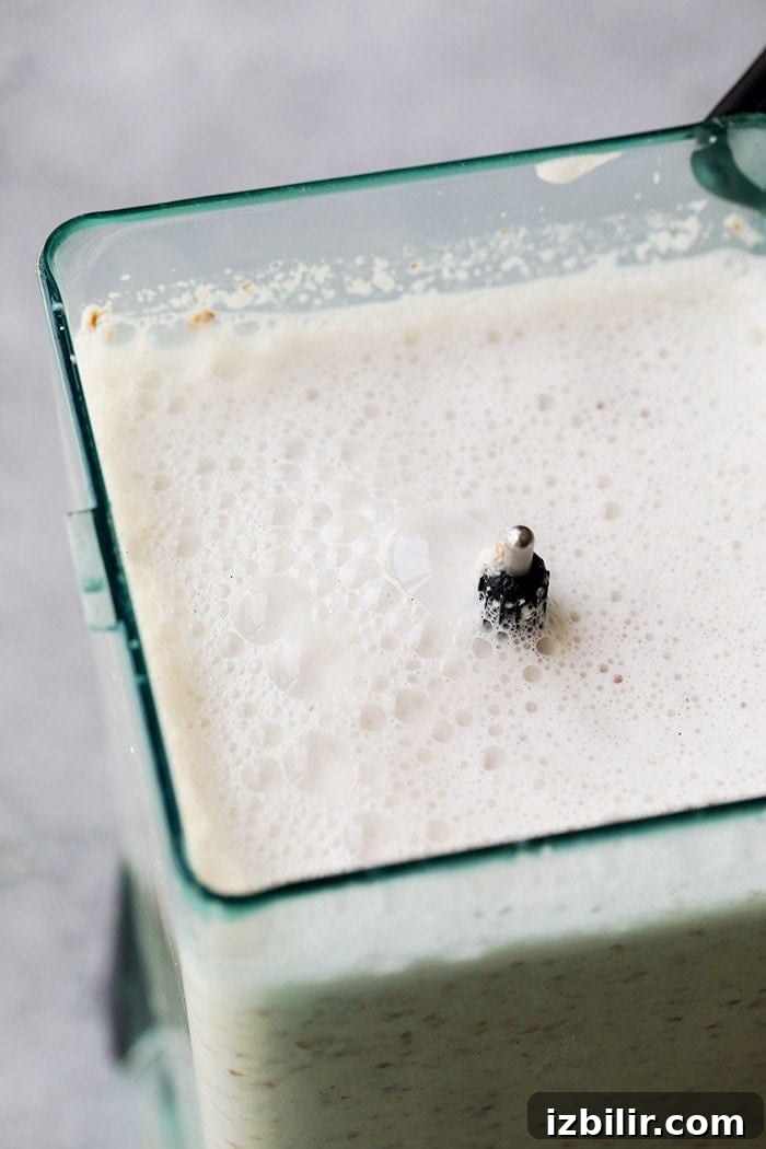 Blended almond and water mixture ready to be strained. blended almond milk and nut pulp in a high-speed blender