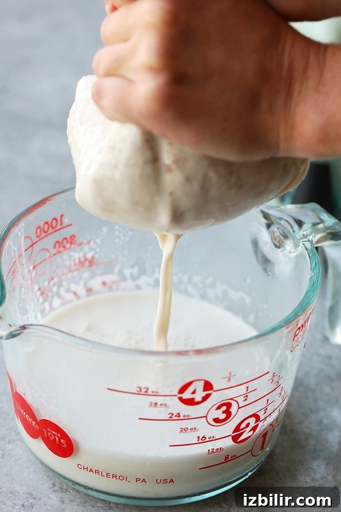 Straining almond milk through a nut cloth. blended almond milk being strained through nut cloth to create smooth almond milk