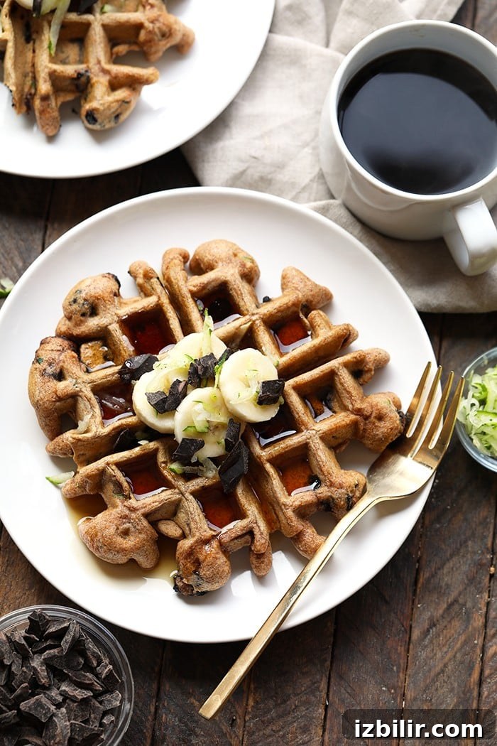 Have your breakfast and veggies too! Make these Healthy Zucchini Waffles with chocolate chunks for a seasonal breakfast that you'll love all summer. zucchini waffles with maple syrup