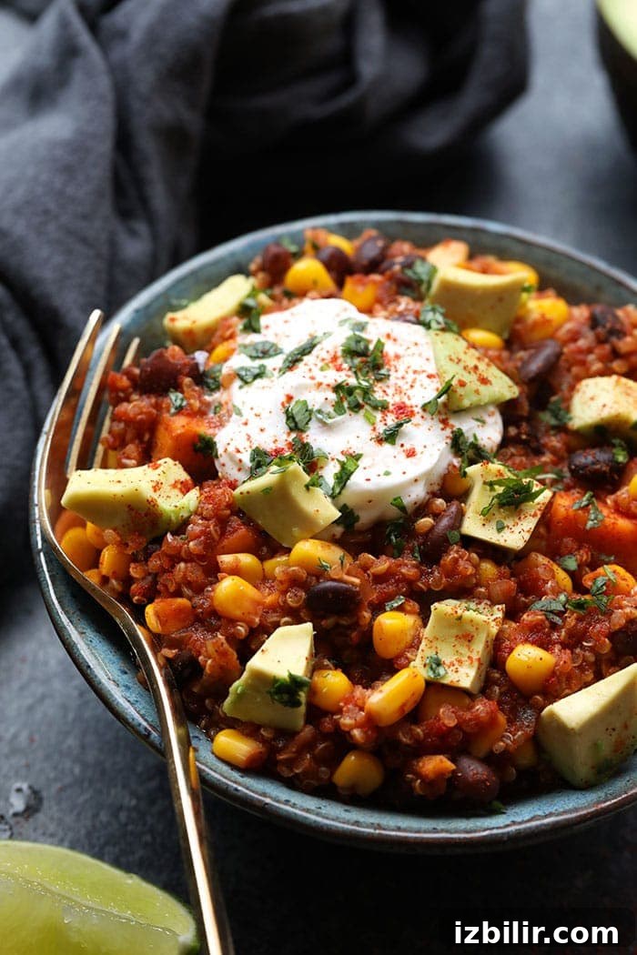 Served Mexican quinoa with toppings Bowl of Mexican quinoa with yogurt, paprika, cilantro, and avocado on top