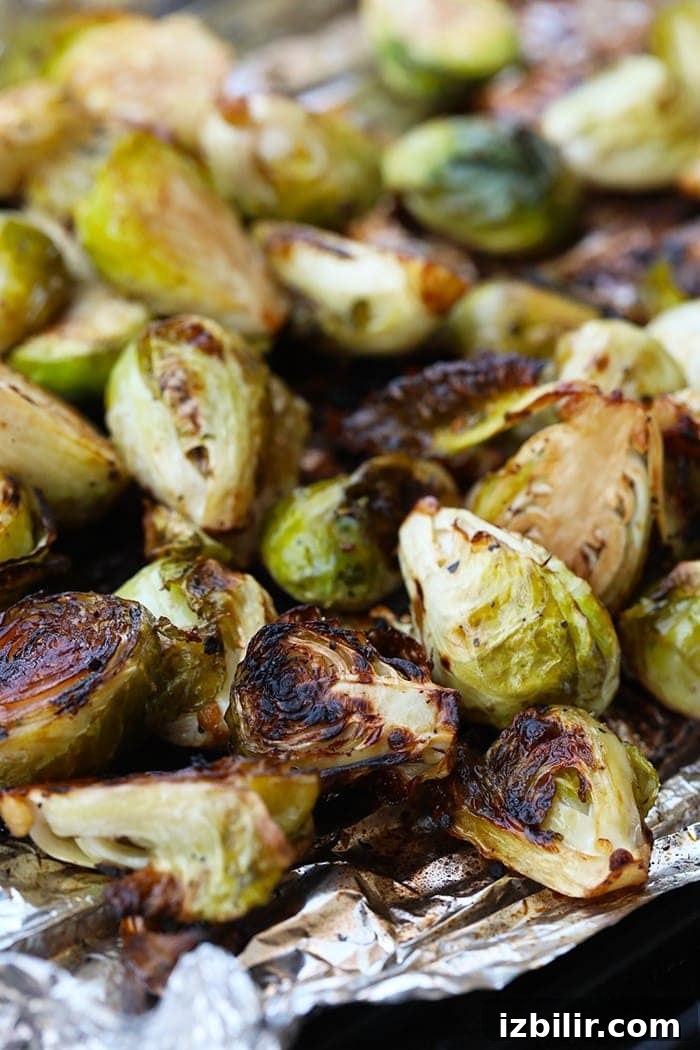 Grilled Brussel Sprouts - balsamic and garlic Grilled Brussels sprouts on tin foil, caramelized and charred.