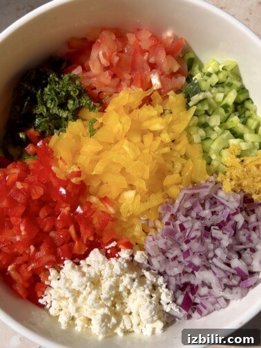 Rainbow Lentil Salad with chopped peppers, cucumber, tomatoes and crumbled feta