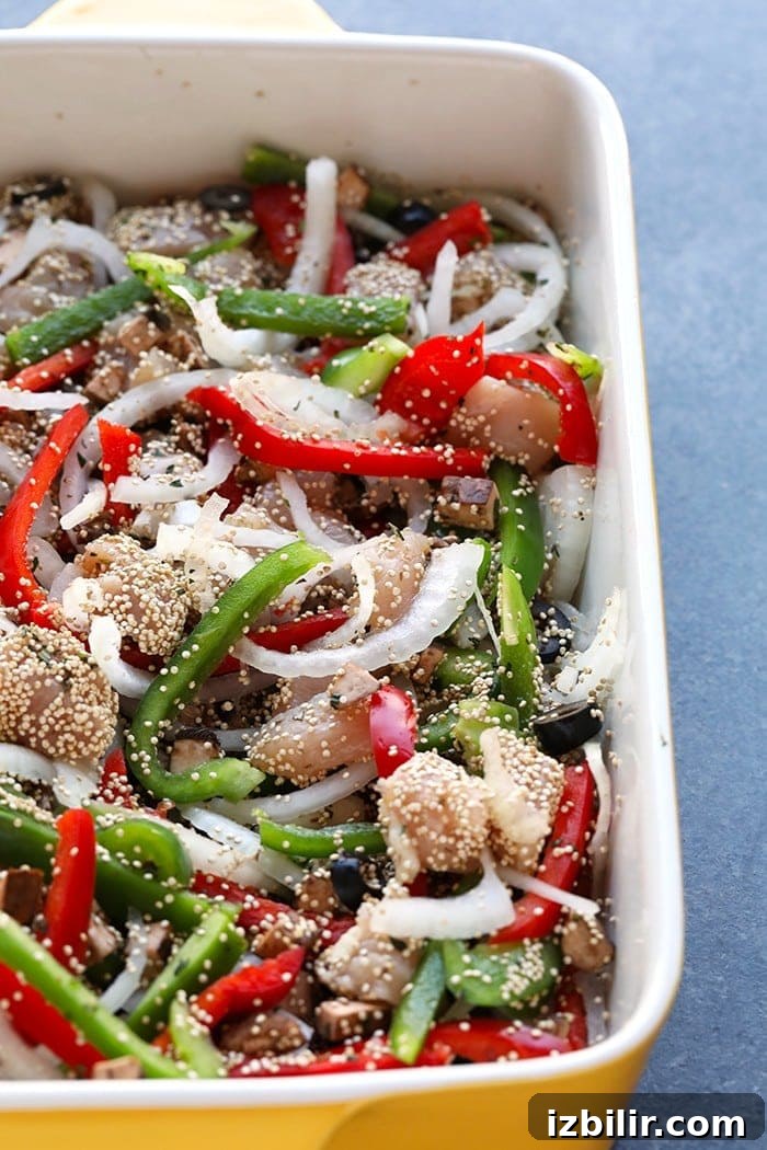 One-Pan Chicken Cacciatore Quinoa Casserole 3 Try this Meal-Prep Chicken Cacciatore Quinoa Bake for dinner this week! It has all of the delicious flavors and ingredients of traditional chicken cacciatore, but with a healthy and quick twist!