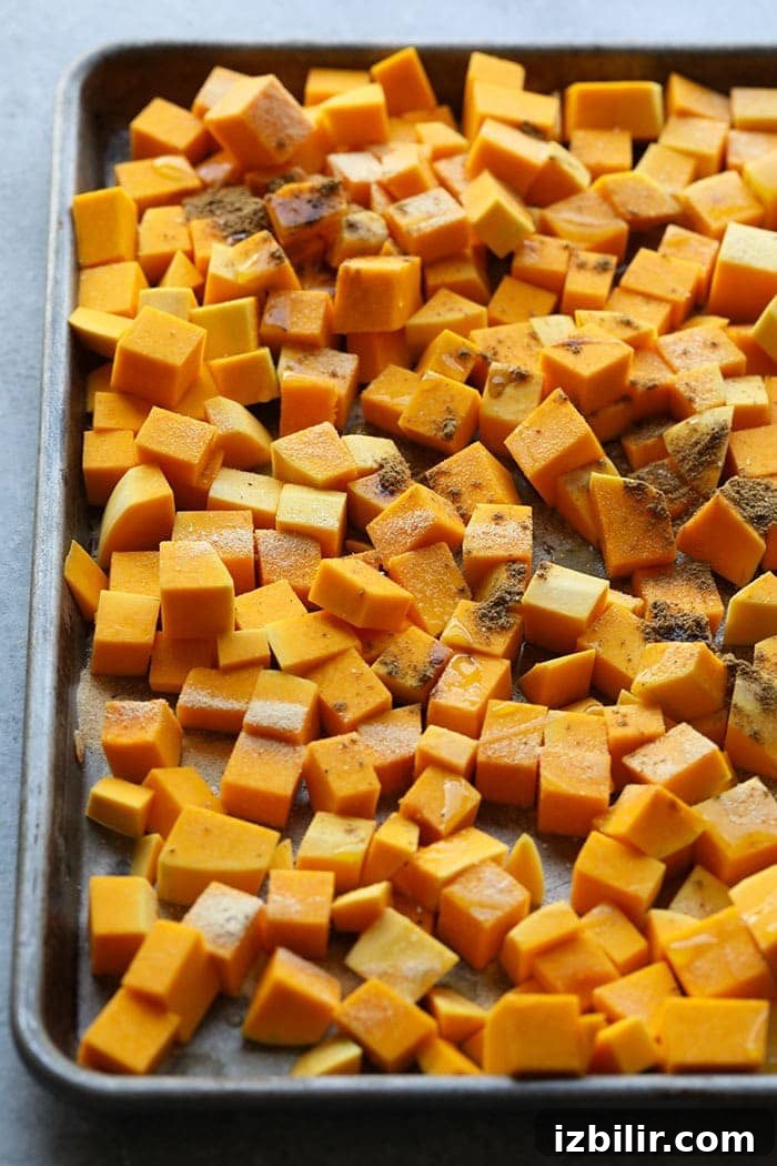 Butternut squash cubed and ready to roast