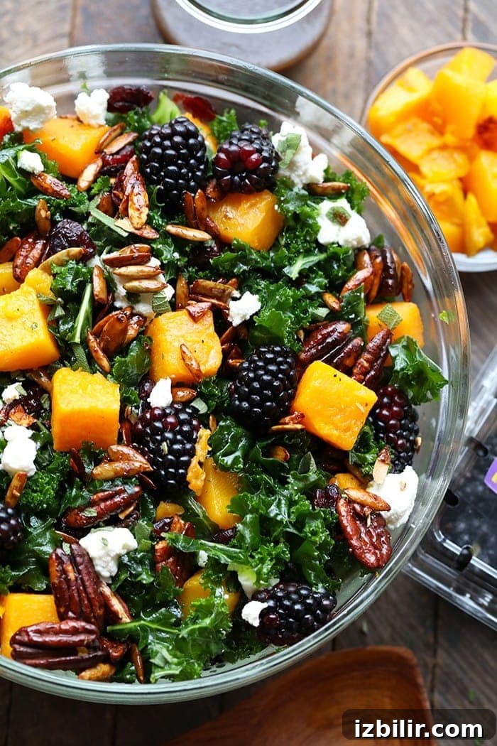 Harvest Blackberry and Butternut Squash Massaged Kale Salad with roasted squash, blackberries and goat cheese