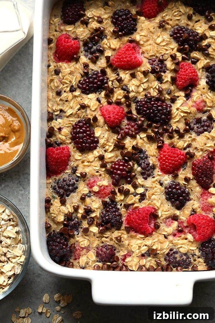 Dark Chocolate Berry Baked Oatmeal baked oatmeal in casserole dish