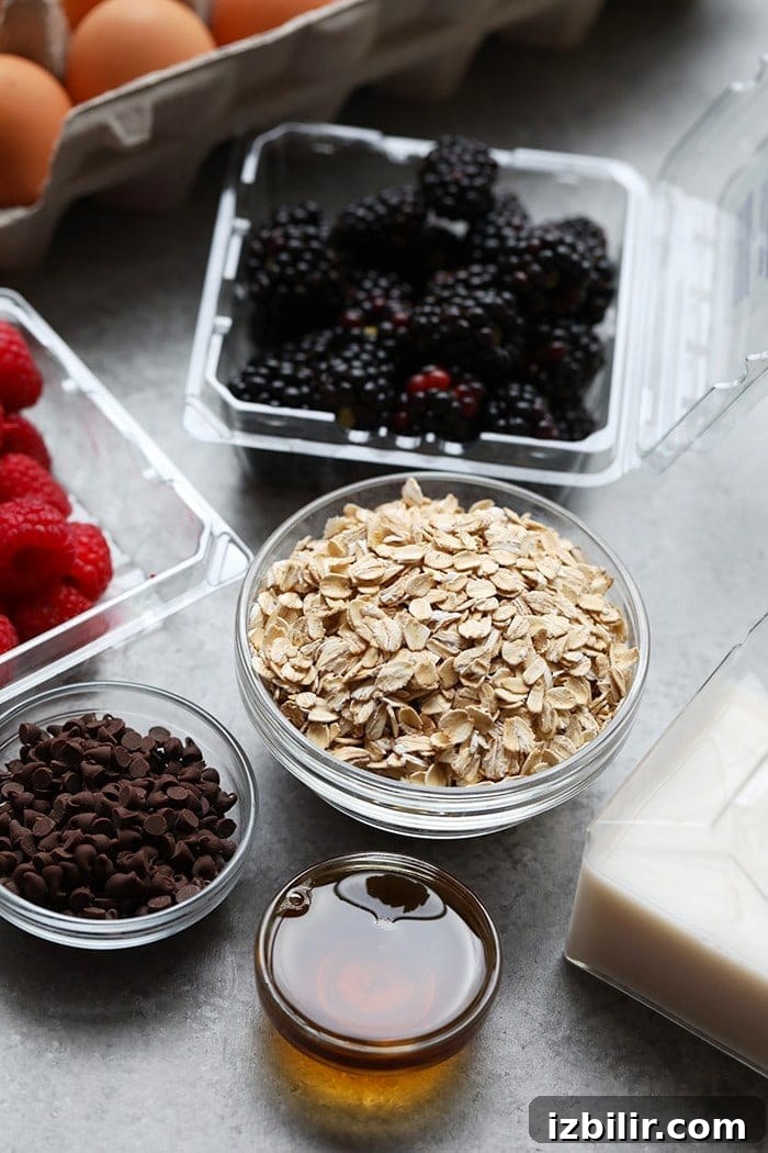 Ingredients for Dark Chocolate Berry Baked Oatmeal ingredients for baked oatmeal