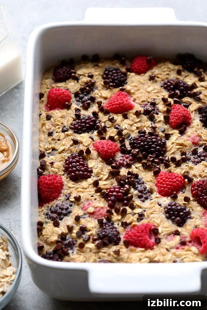 Dark Chocolate Berry Baked Oatmeal in casserole baked oatmeal in casserole dish