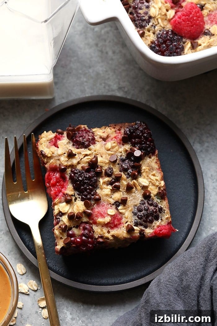 Slice of Dark Chocolate Berry Baked Oatmeal slice of baked oatmeal