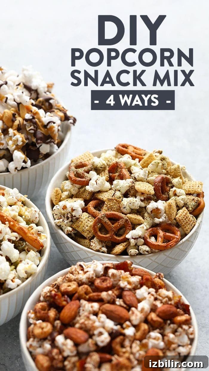 All of the snack mixes in bowls
