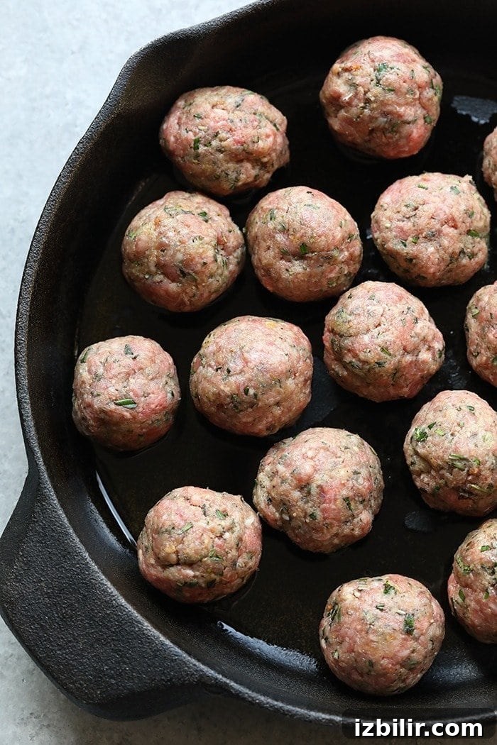 Raw meatballs in a cast iron pan Raw meatballs in a cast iron pan