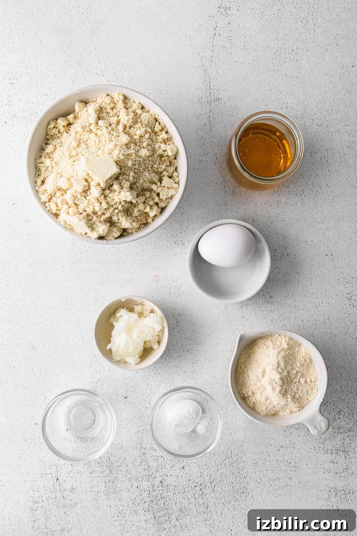 Ingredients for almond flour sugar cookies ingredients on countertop