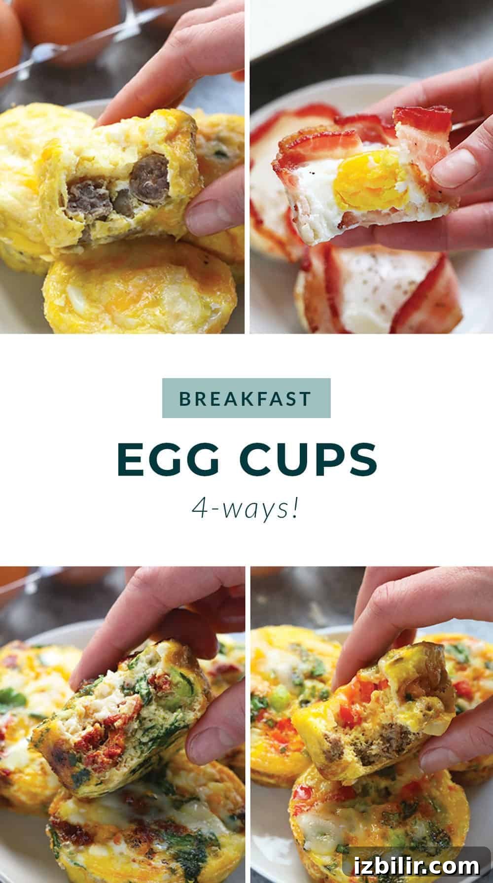 Breakfast egg cups are a high-protein, healthy meal-prep breakfast that you can make every week. Check out our top 4 egg muffin cups! hands holding 4 different egg cups.