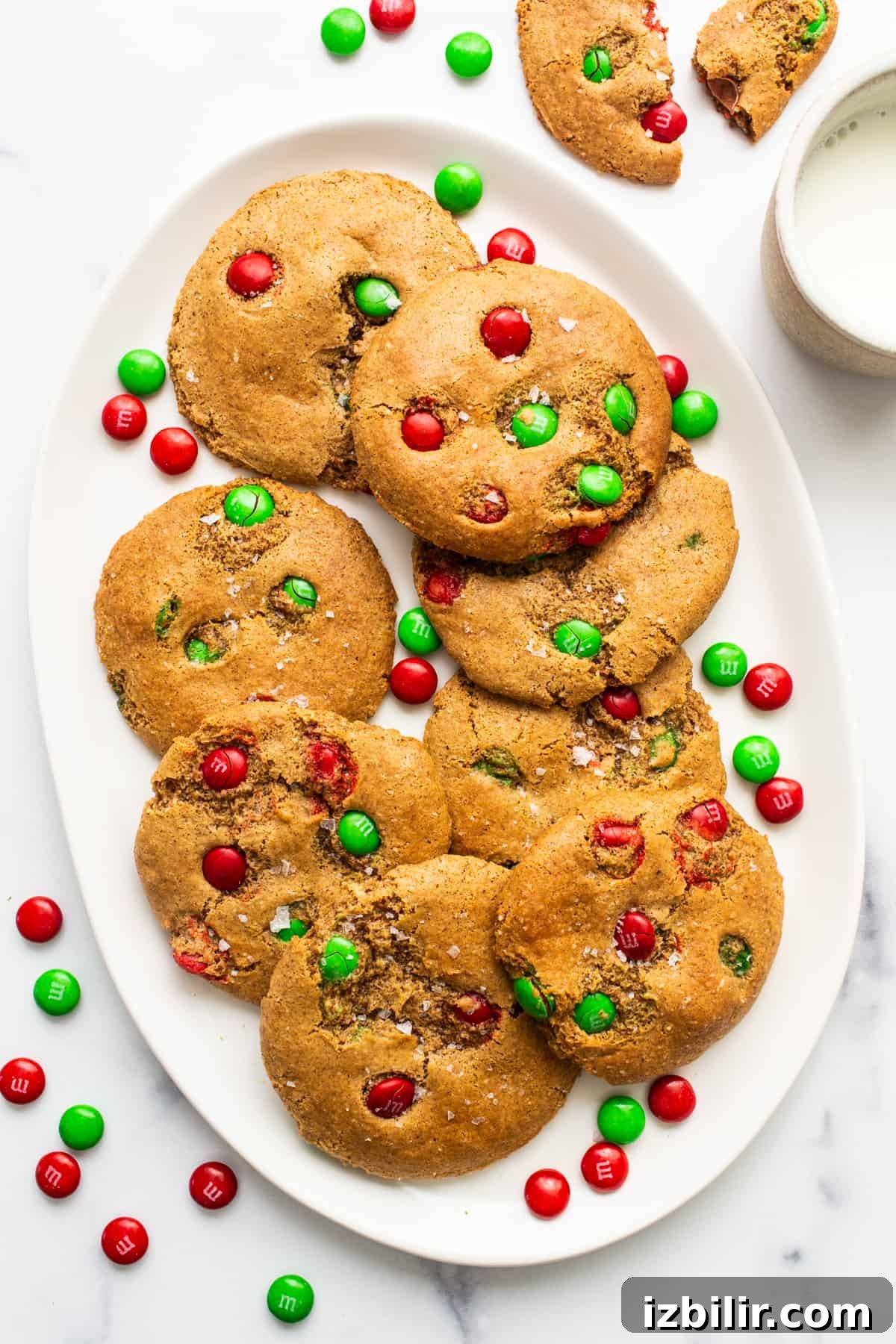 Christmas cookies on a plate with green and red m&ms.