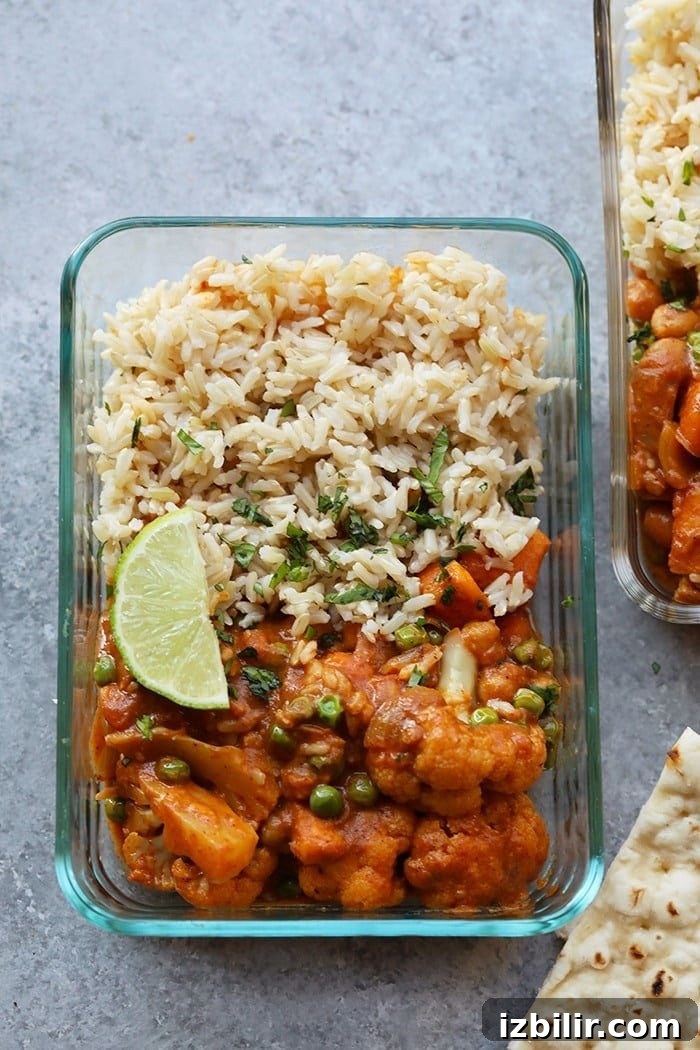Cauliflower Tikka Masala Tikka masala in a meal prep container
