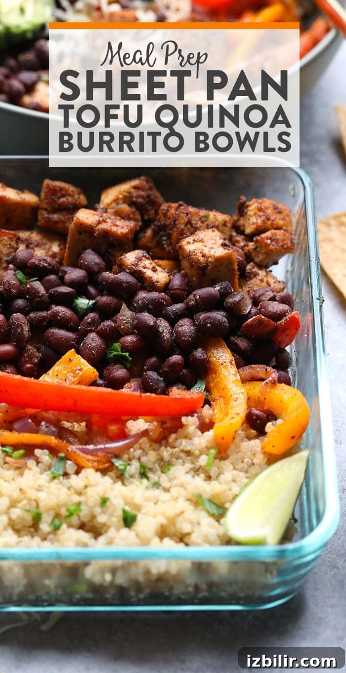 Meal Prep Sheet Pan Tofu Quinoa Burrito Bowls on a baking sheet