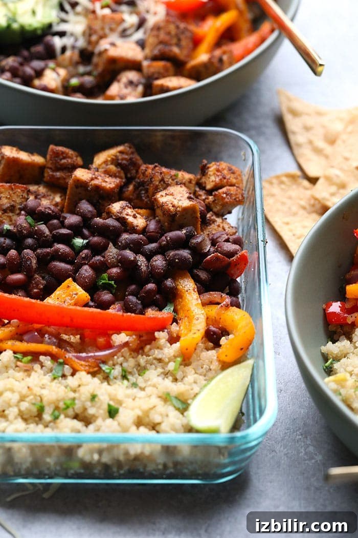 Close-up of ingredients for Sheet Pan Tofu Quinoa Burrito Bowls