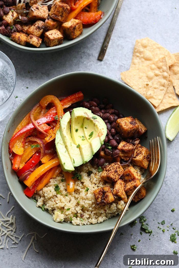 Assembled Tofu Quinoa Burrito Bowl ready to serve
