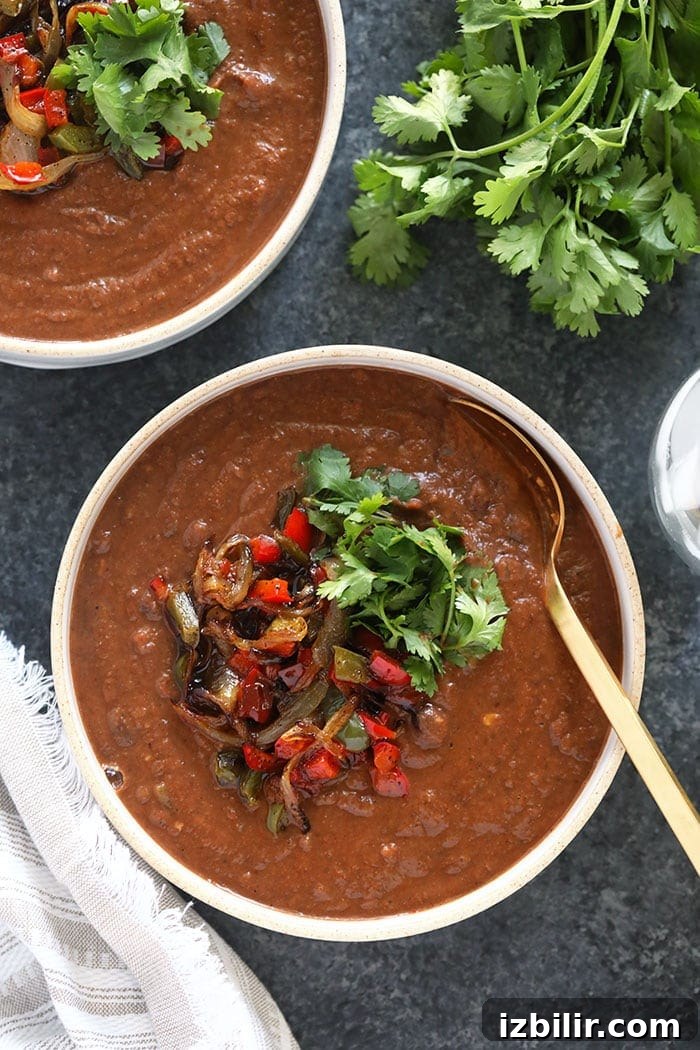 This crock pot black bean soup is an easy and delicious vegetarian soup that is packed with flavor! Throw everything in the crock pot, blend, and enjoy! crock pot black bean soup in a bowl