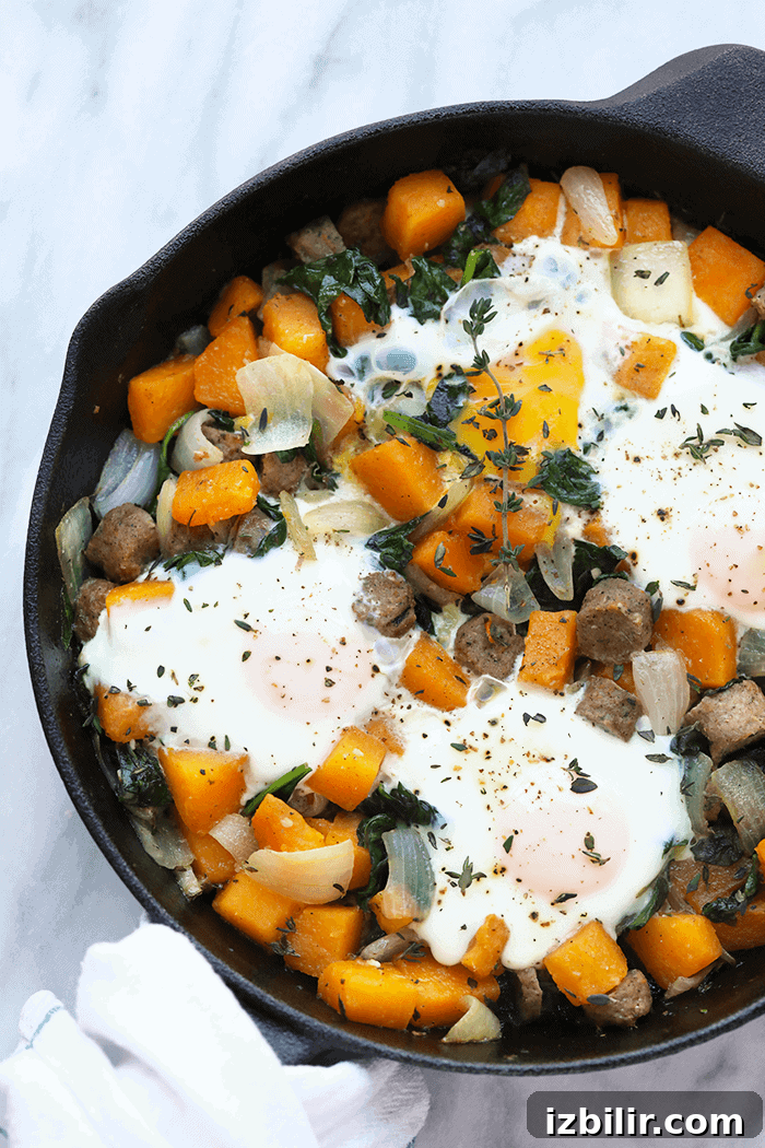 butternut squash breakfast hash in a cast iron