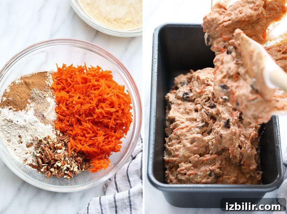 Carrot bread ingredients ingredients in bowl and loaf pan
