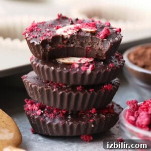 a stack of chocolate almond butter cups topped with raspberries and nuts.