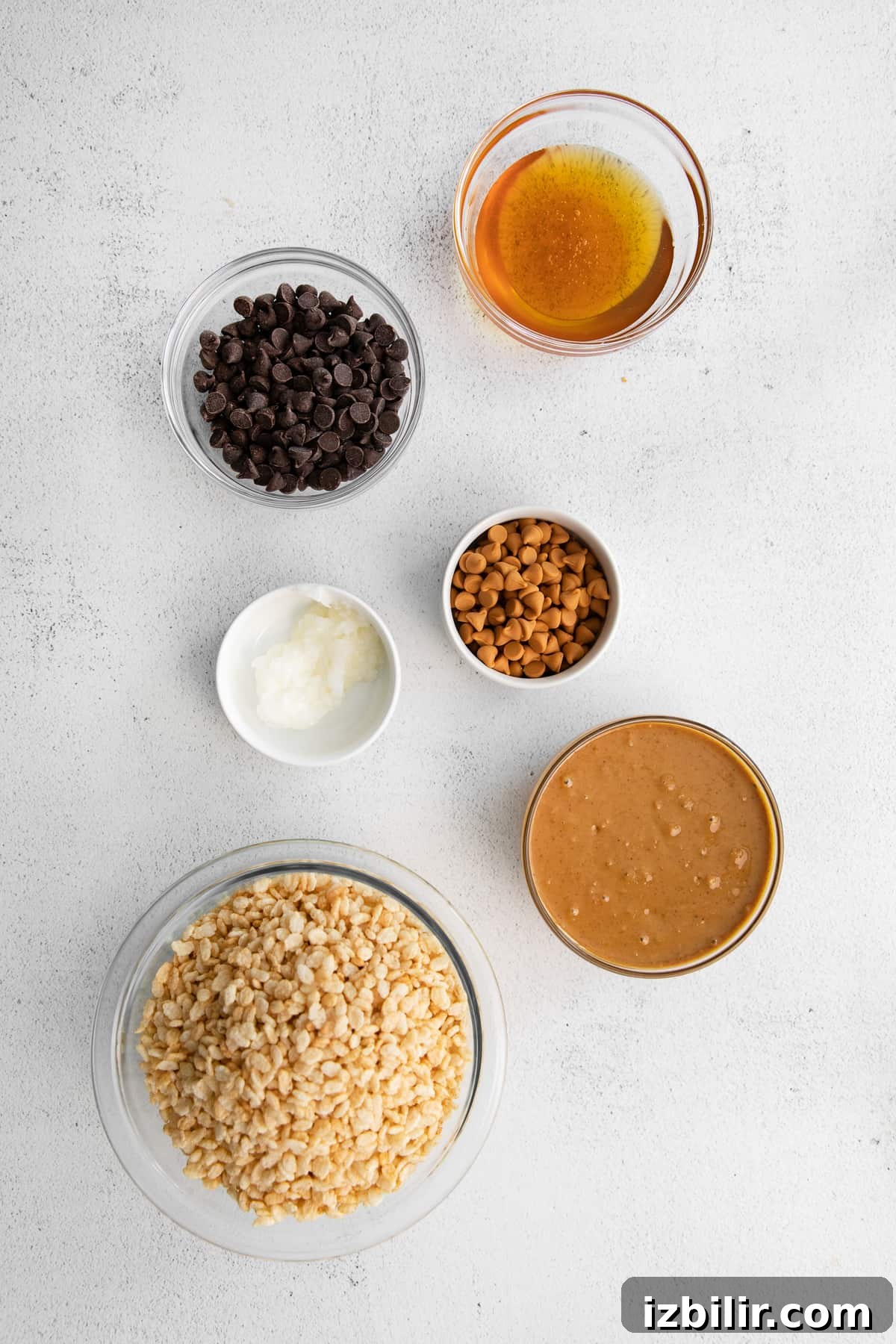 Scotcheroo ingredients Ingredients for healthy scotcheroos in small bowls