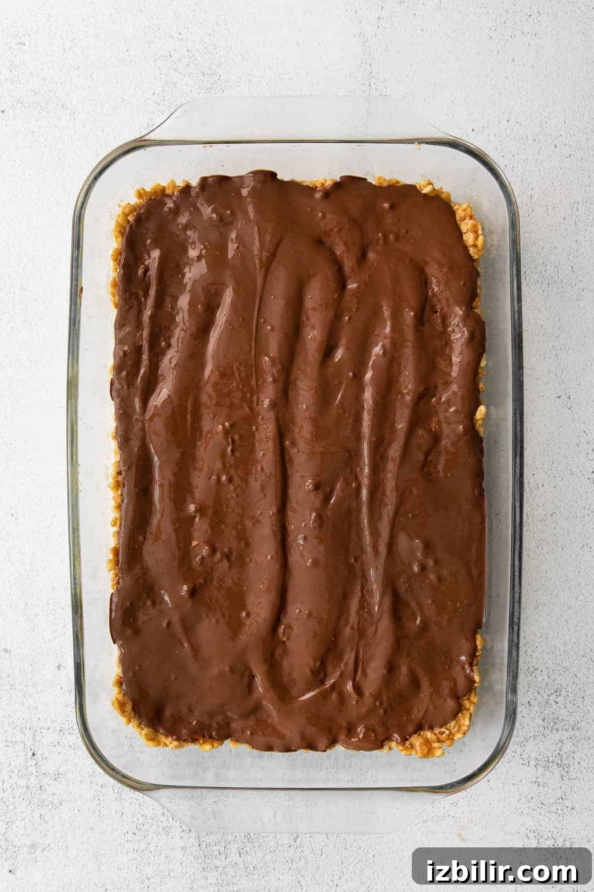 Chocolate topping Melted chocolate layer in a baking dish