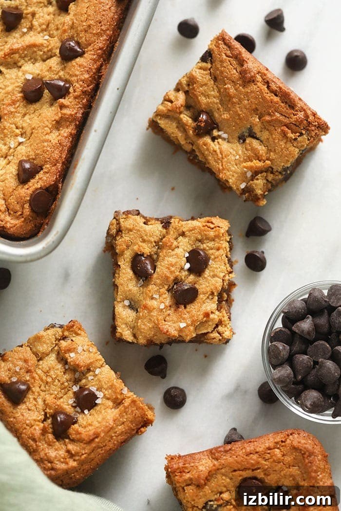 Enjoy these flourless blondies year-round! They're gooey, chewy, and everything you've ever wanted in a dessert bar recipe. blondie with chocolate chips