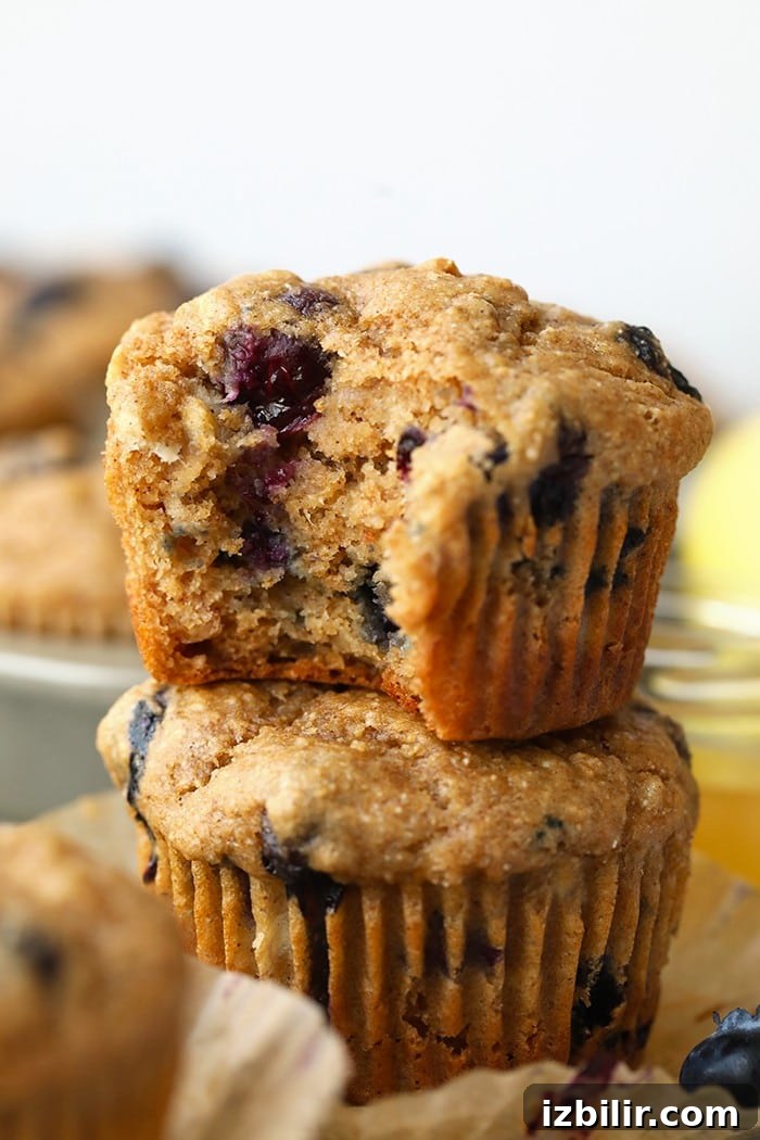 Everyone loves a classic blueberry muffin! These healthy blueberry muffins are packed with tart blueberries, honey, bananas, and greek yogurt! a blueberry muffin with a bite taken out