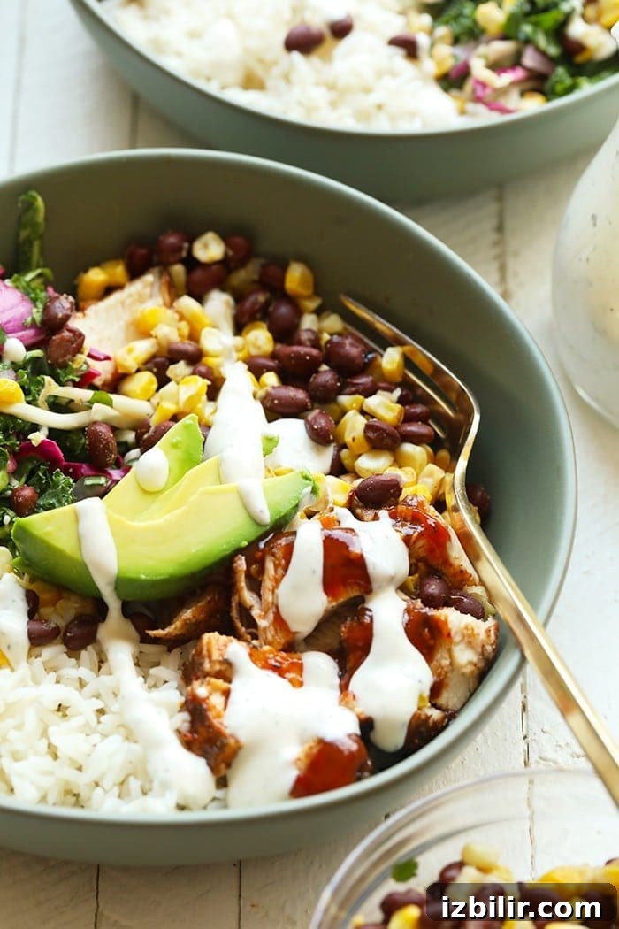 Drizzle your favorite dressing over these BBQ chicken bowls Finished BBQ chicken bowls