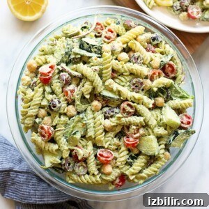Greek pasta salad with chickpeas and lemon.