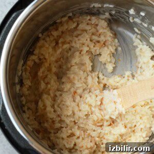 An instant pot filled with coconut rice and a wooden spoon.